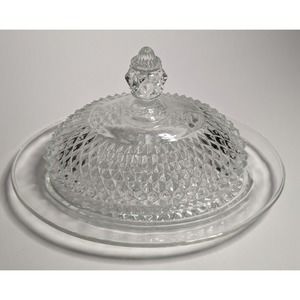 Vintage Clear Glass Pressed Cut Diamond Oval Covered Butter Dish Crystal Finial
